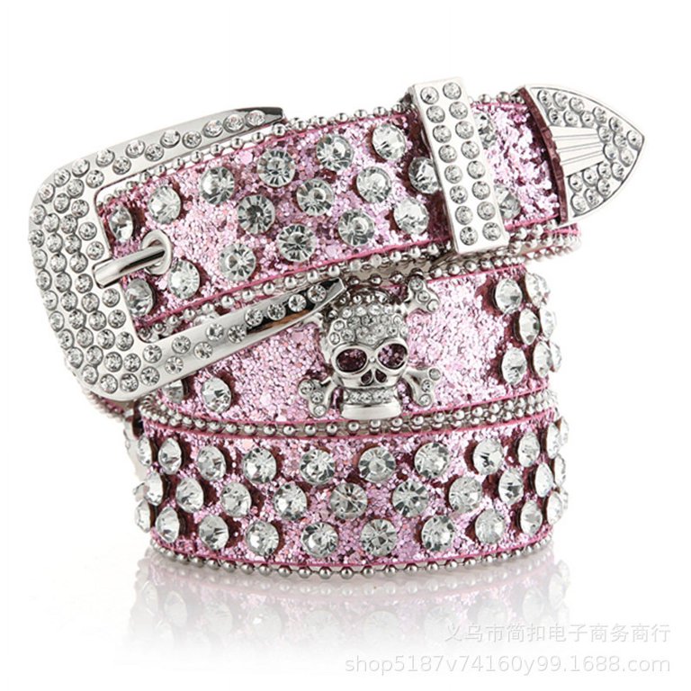 Rhinestone Belts for Women Men, Bling Studded Leather Skull  display picture 3