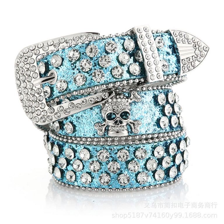 Western Skull Blue Bling Belt Mens Reptile Belt with AB Rhinestones and Skulls Blue Green  main image 2