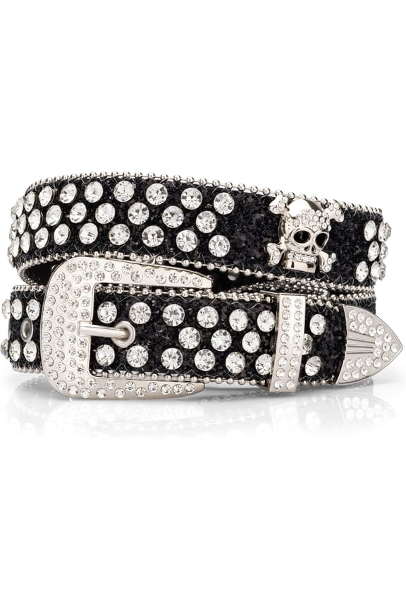 Rhinestone Belts for Women Men, Bling Studded Leather Skull Belt Western Style