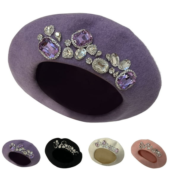 Rhinestone Beret Hat French Beret Cap Winter Warm Beanie Artist Painter Hat for Women Lady