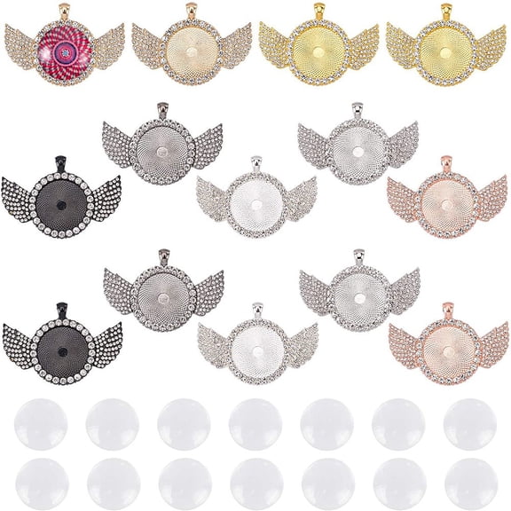 Rhinestone Bezel Pendant Trays Set with 14 Pcs Wing Bezel Pendant Trays and 20 Pcs Glass Cabochons for DIY Paste Jewellery Crafts Making Supplies