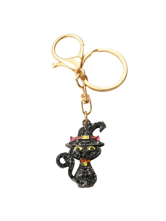 Rhinestone Black Cat Keychain, Witch Hat Sparkling Bag Charm Gold Purse Clip