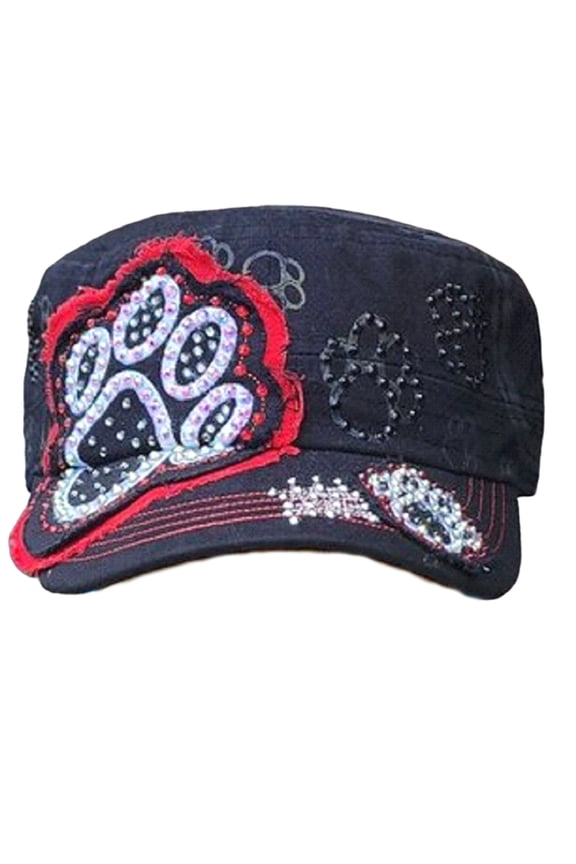 Rhinestone Women's Black/Red Paw Print Cadet Cap