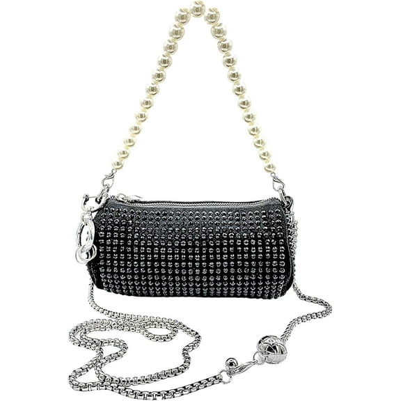 Rhinestone Bling Cylinder Evening Handbag with Key Rings, Pearl Beaded & Metal Chains Silver Sparking Womens Purse