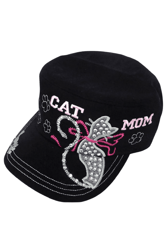 Rhinestone Bling Dazzle Women's Cadet Cap Hat - Cat Mom - Black