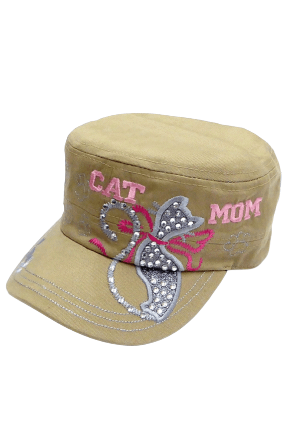 Rhinestone Bling Dazzle Women's Cadet Cap Hat - Cat Mom - Khaki