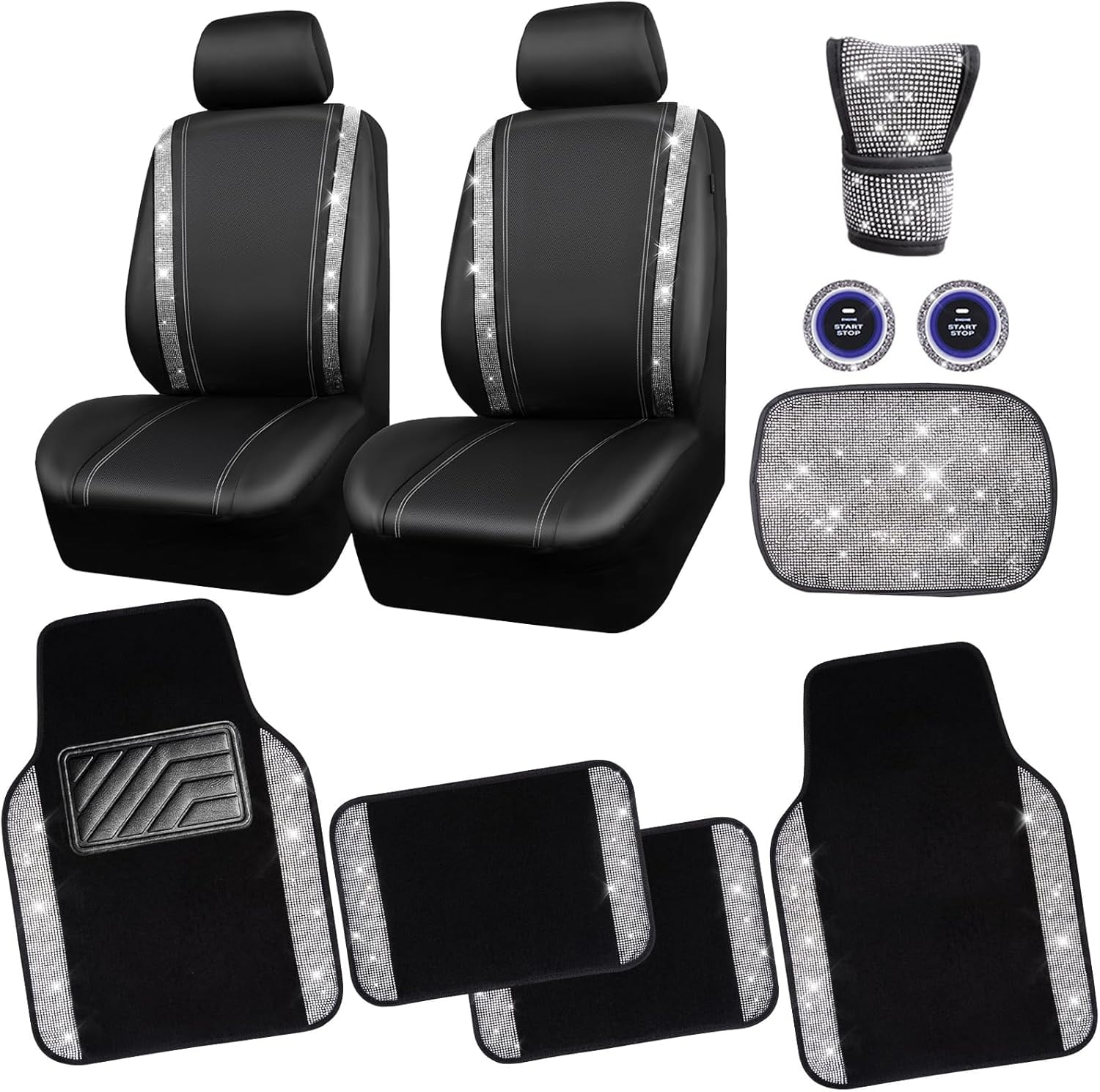 Rhinestone Bling Diamond Car Seat Covers Leather Shining Car Floor Mats Carpet Waterproof Anti-Slip Nibs Car Accessories Interior Sets for Women Silver Glitter White Sparkly Crystal