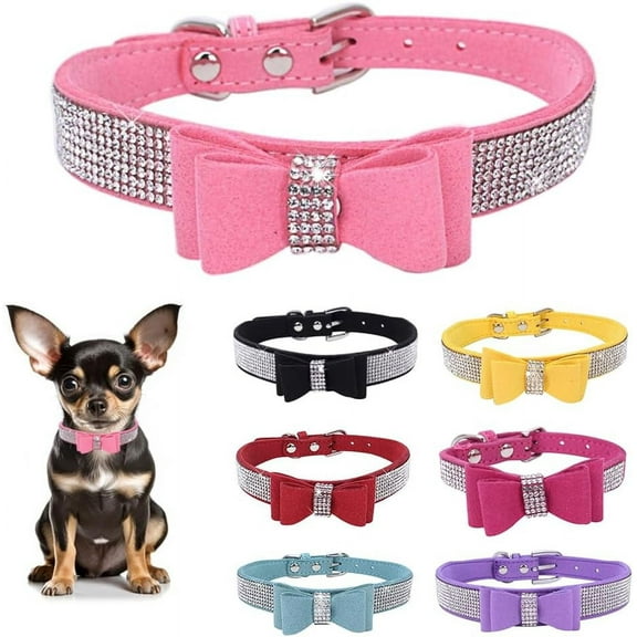 Rhinestone Bling Leather Dog & Cat Collar - Sparkly Crystal Diamonds Studded - Cute Bowknot for Pet Show & Daily Walking