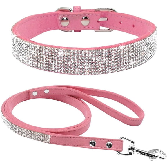 Rhinestone Bling Leather Dog Collar and Leash Set, Cute Dazzling Sparkling Soft Velvet Dog Cat Collar Crystal Diamond Puppy Collar