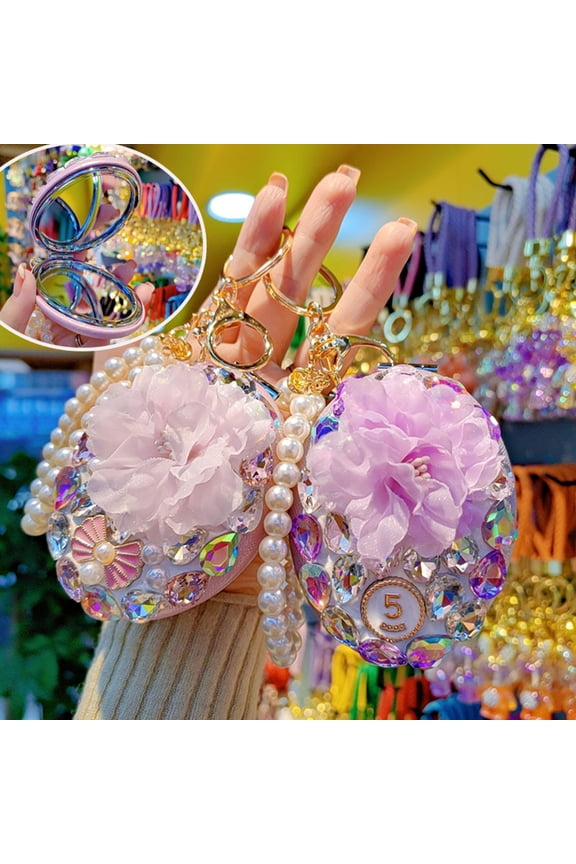 Rhinestone Bling Pocket Mirror Keychain Double-sided Round Folding Makeup Mirror Wristlet Bag Charm for Handbag Purse Travel Accessory