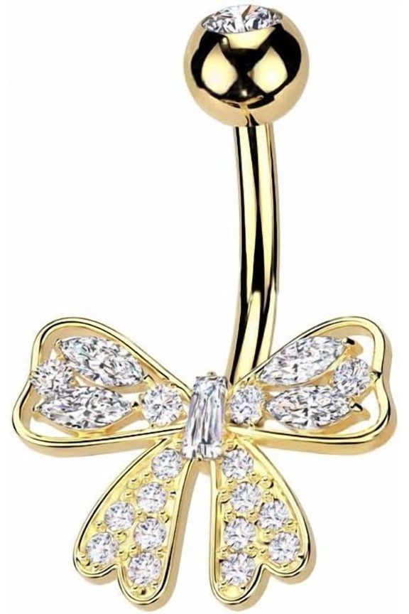Rhinestone Bow Belly Button Ring for Women Men Unisex Stainless Steel Crystal CZ Ribbon Bowknot Navel Barbell Rings Screw Studs Body Piercing Jewelry 14G