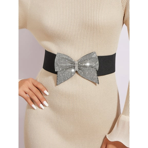Rhinestone Bow Belts, Bowknot Elastic Waistband Stretchy Waist Belt Wide Rhinestone Bow Waist Band for Women Dresses,