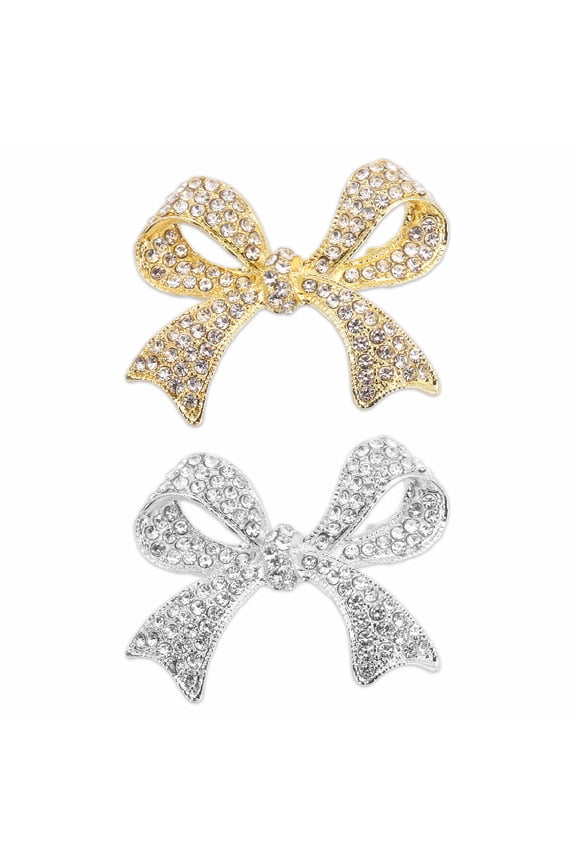 Rhinestone Bow Brooch Pin, 2Pcs Elegant Crystal Sparkly Bowknot Vintage Broach Pin Fashion Lapel Pin Women Wedding Party Bridal Suit Clothes Hat Jewelry Gift, Silver Tone/Gold Tone