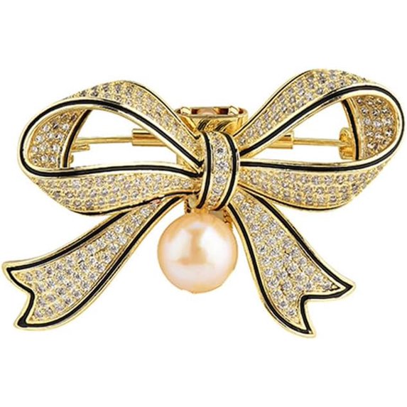 Rhinestone Bow Brooch Pin for Women Shiny CZ Crystal Pearl Dangling Ribbon Bow Knot Lapel Pins Wedding Party Dance Banquet Dress Suit Shirt Scraf Clip for Clothes Accessories Jewelry