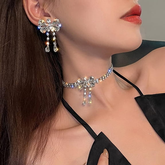 Rhinestone Bow Butterfly Choker Necklace Bow Dangle Ear Studs Earrings Necklace/Earrings Party Accessories Set for Women