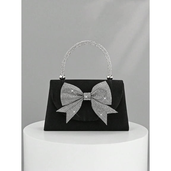 Rhinestone Bow Faux Pearl Handle Evening Clutch - Black Party Handbag for Wedding/Prom/Dinner (Perfect Valentine's Day Gift for Her)