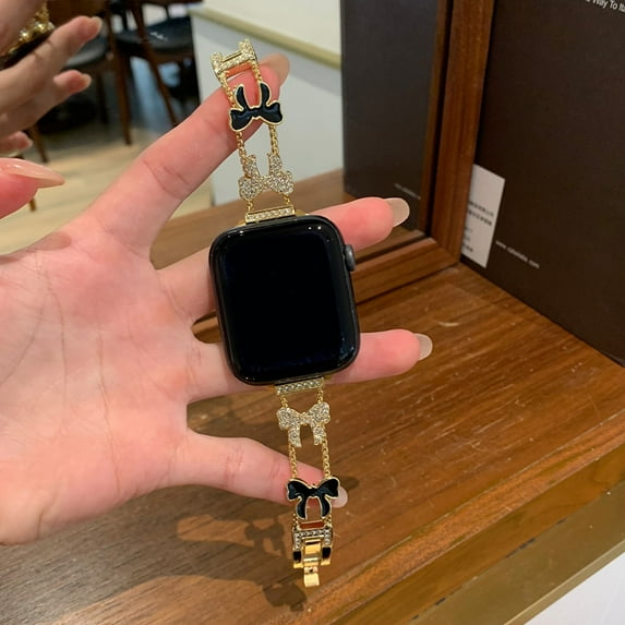 Rhinestone Bow Metal Band for Apple Watch 42(Series 1/2/3)/44/45/46/49mm, Compatible with iWatch Series 10–1 SE Ultra, Diamond Adjustable Sparkly Bracelet Strap for Women Girls, Gold