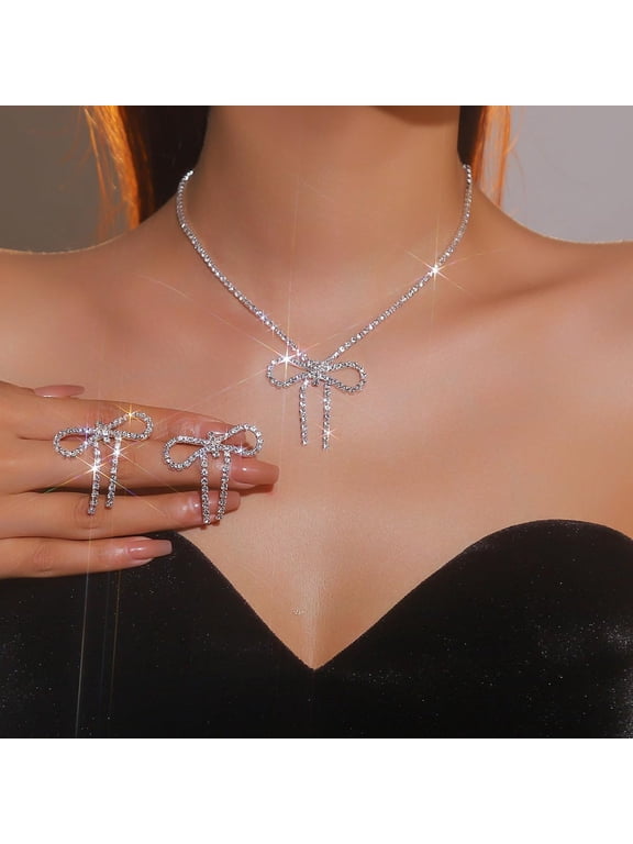 Rhinestone Bow Set for Women Sparkling Necklace Earrings Sets Rhinestone Wedding Set Silver Prom Jewelry Bridal Wedding Prom Costume Jewelry Sets for Women