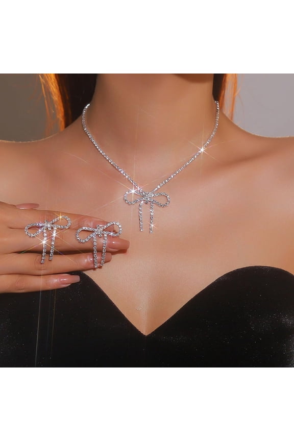 Rhinestone Bow Set for Women Sparkling Necklace Earrings Sets Rhinestone Wedding Set Silver Prom Jewelry Bridal Wedding Prom Costume Jewelry Sets for Women