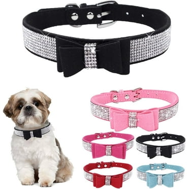 Rhinestone Bowtie Small Dog Collar, Diamond Puppy Collars Bow Crystal Bling Jeweled Glitter Girl Female Adjustable for XXSmall X-Small Small Medium Large Dogs