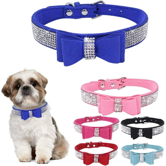 Rhinestone Bowtie Small Dog Collar, Diamond Puppy Collars Bow Crystal Bling Jeweled Glitter Girl Female Adjustable for XXSmall X-Small Small Medium Large Dogs