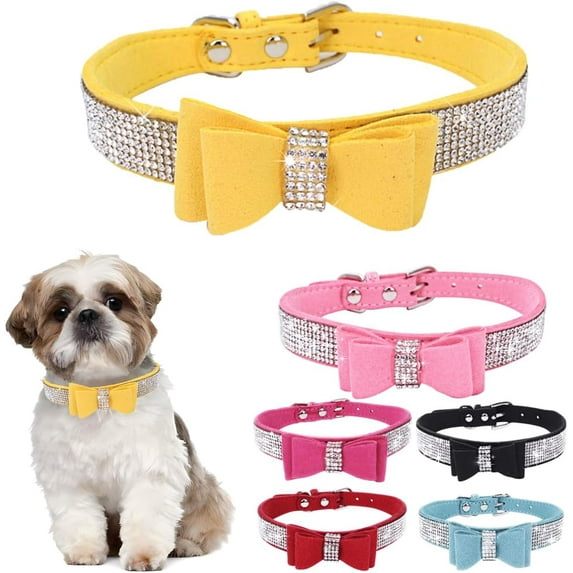 Rhinestone Bowtie Small Dog Collar, Diamond Puppy Collars Bow Crystal Bling Jeweled Glitter Girl Female Adjustable for XXSmall X-Small Small Medium Large Dogs