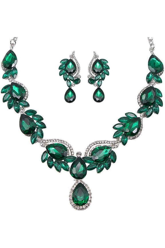 Rhinestone Bridal Bridesmaid Jewelry Sets, Floral Teardrop Statement Necklace, Crystal Wave Prom Wedding Necklace, Dangle Earrings