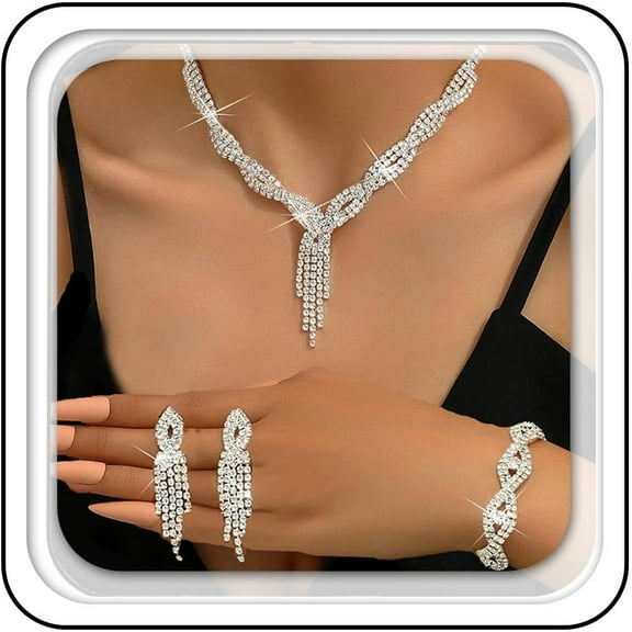 Rhinestone Bridal Jewelry Set for Wedding Necklaces and Earrings Formal Silver Necklace Bracelets Set for Women