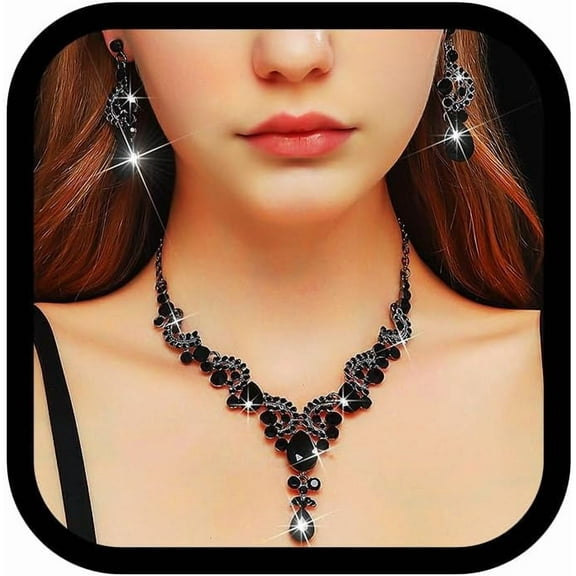 Rhinestone Bridal Necklace Sets Black Crystal Necklace Bracelet Earrings Set Dressy Prom Wedding Jewelry for Women
