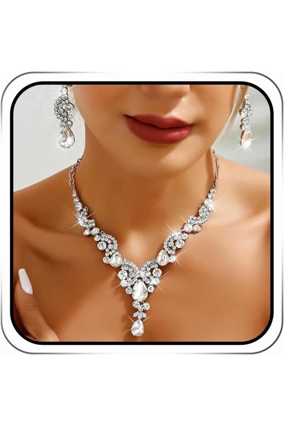 Rhinestone Bridal Necklace Sets Silver Crystal Necklace Bracelet Earrings Set Dressy Prom Wedding Jewelry for Women