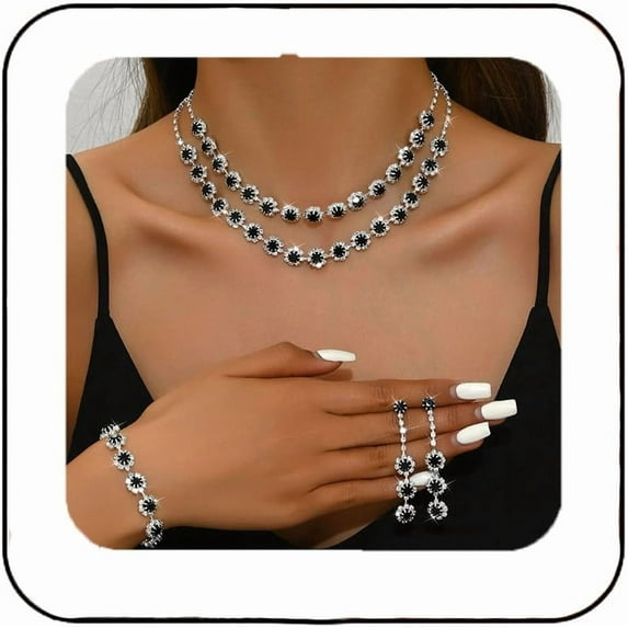 Rhinestone Bridal Wedding Jewelry Set Silver Crystal Necklace Earrings Bracelet Sets Formal Costume Jewelry for Women and Brides