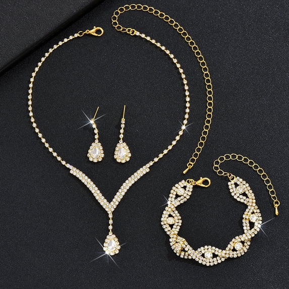 Rhinestone Bridal Wedding Jewelry Sets Gold Necklace Earrings Set Leaf Prom Formal Costume Jewelry Set for Women and Brides