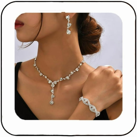Rhinestone Bride Wedding Jewelry Sets Bridal Necklace Bracelet Earrings Set Prom Costume Jewelry for Women and Brides