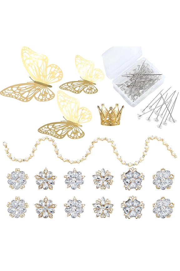 Rhinestone Brooches Bouquet Pins Diamond Flower Brooch with Rhinestone Chain 3D Butterflies Straight Head Pin Bulk Corsage Stick Accessories Kit