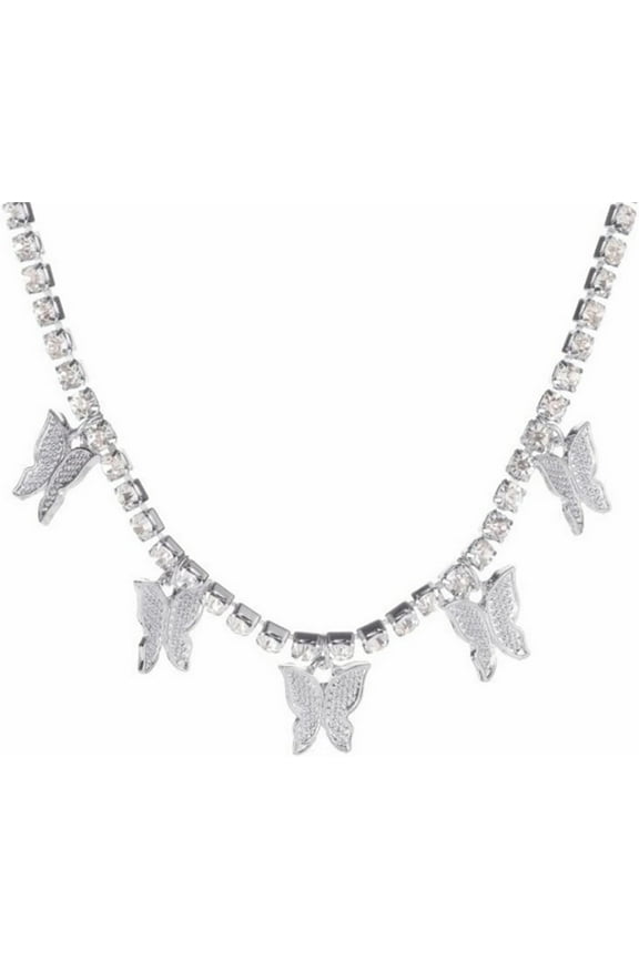 Rhinestone Butterfly Choker Necklace Gold Silver Plated Bohemian Fairy Moth Wing Animal Tassel Sparkly Crystal Cubic Zirconia Tennis Chain Necklace for Women Wedding Bridal Prom Party Jewelry Gifts