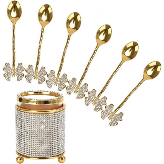 Rhinestone Butterfly Gold Spoons Set With Diamond Utensil Holder, 6 Pcs Mini Coffee Tea Stirring Spoons, Luxury Crystal Decorative Dessert Spoon For Cafe Bar Home Table Decor Gift