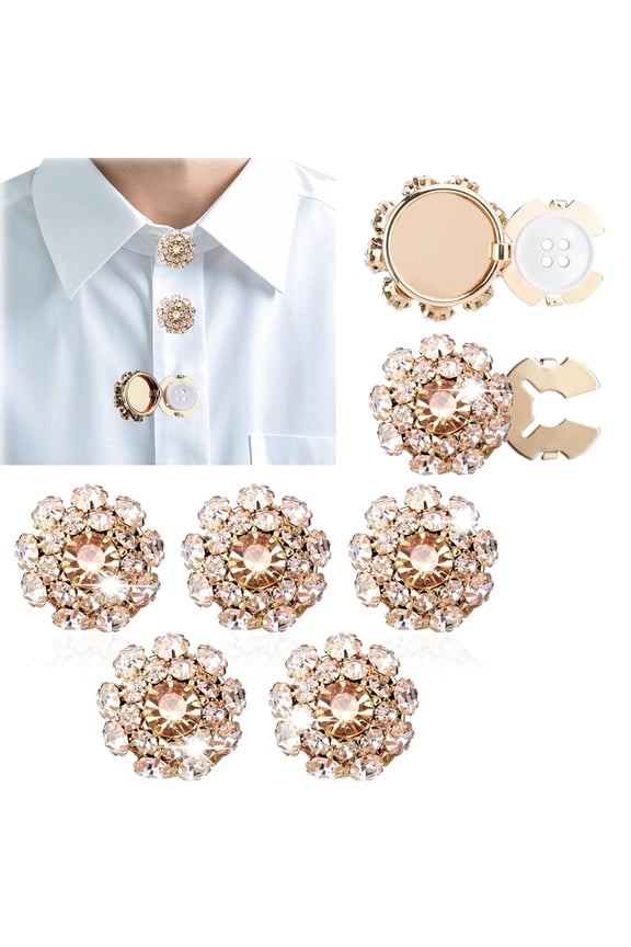 Rhinestone Button Cover Tutuviw 5 Pcs Golden Crystal Cover for Women Blouses Detachable Shirt Clips Buttons Crystal Fancy Buttons for Dress Suit Jeans Clothing DIY Holiday Decoration Embellishments