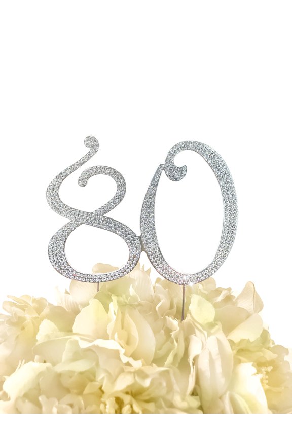 Rhinestone Cake Topper - Number 80 - Silver