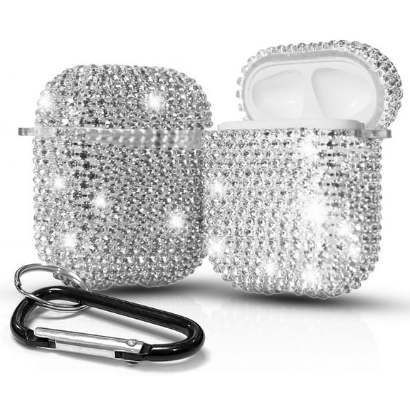 Rhinestone Case Chic White Silver Diamond Bling Cover with Shimmering/Shining Crystals and Carabiner Keychain Clip for Apple Airpods Console