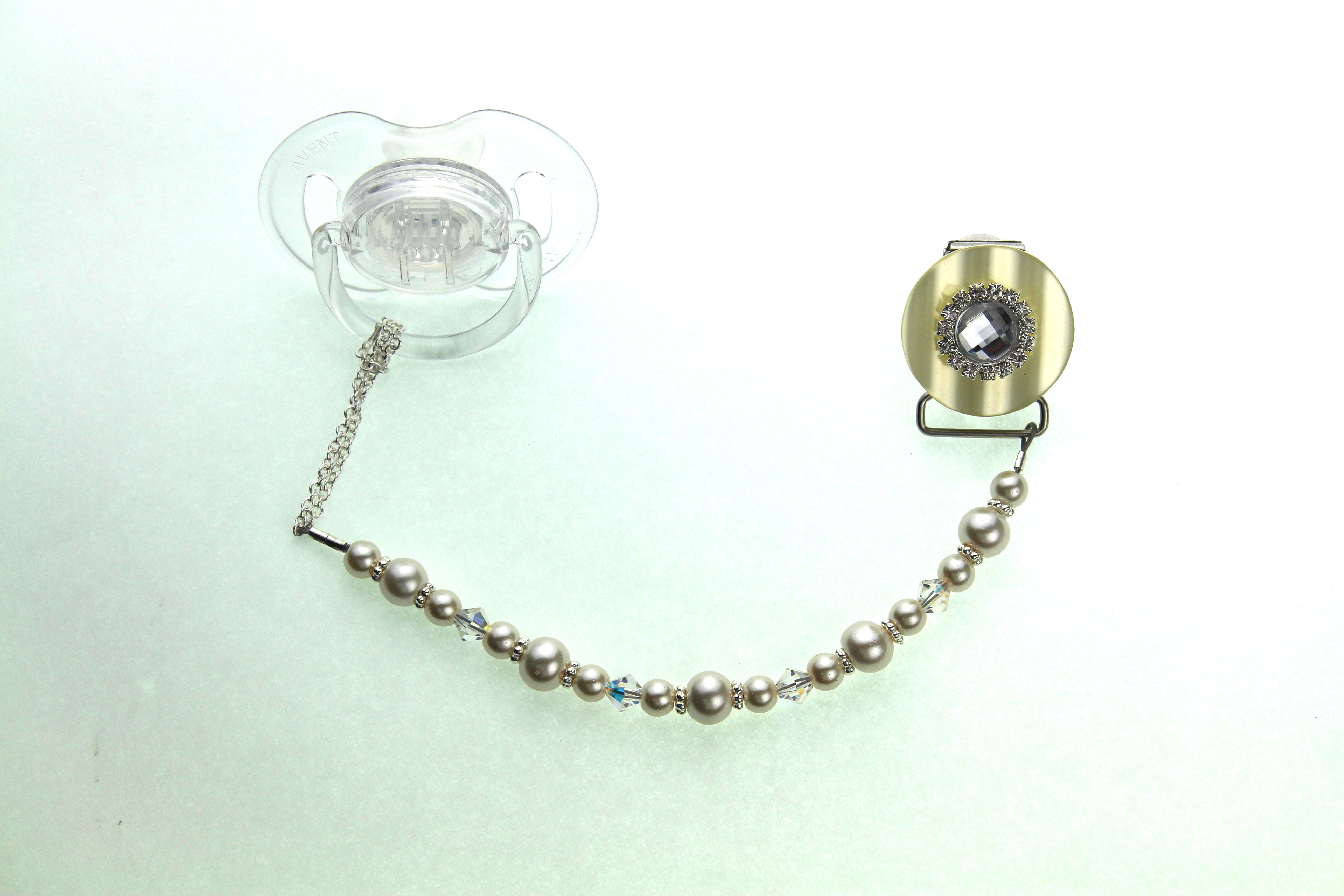Rhinestone Center with Pearls & Crystals Pacifier Clip