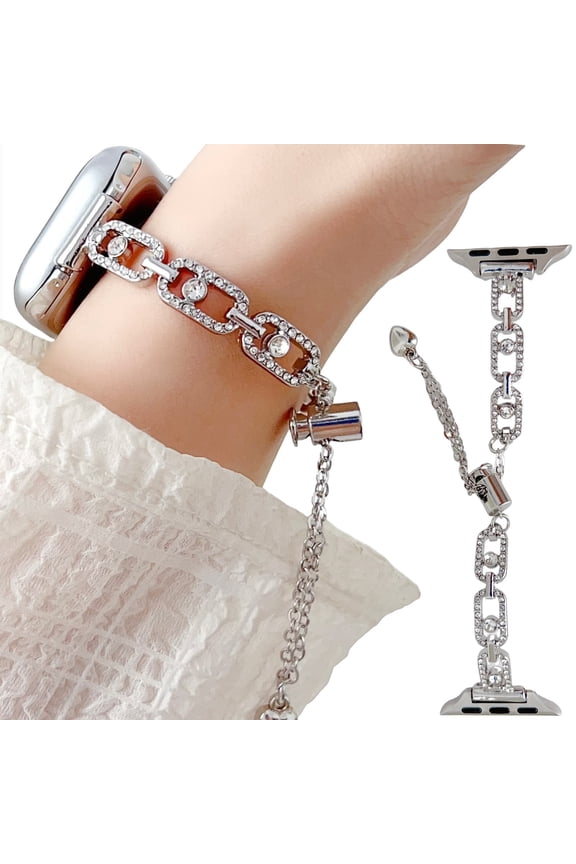 Rhinestone Chain Bands for Apple Watch 49mm 46mm 45mm 44mm 42mm 41mm 40mm 38mm, Slim Metal Bracelet Diamond Strap with Adjustable Clasp Compatible with iWatch Series 10 9 8 7 6 5 4 3 2 SE Ultra