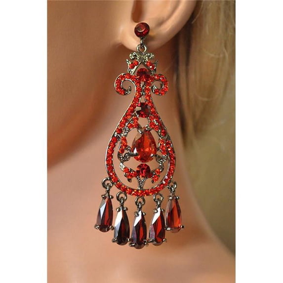 Rhinestone Chandelier Earring with Bottom Eyelashes Design, Red