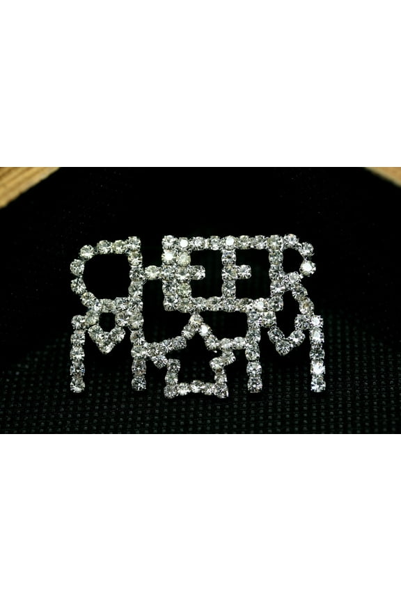 Rhinestone Cheer Mom Pin Brooch, Costume Jewelry Openwork Red & Clear Crystals Words
