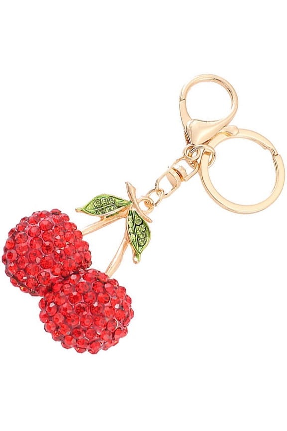 Rhinestone Cherry Keychain Sparkling Fruit Cherry with Leaves Keyring in A Box for Bag Purse Wallet Cellphone or Car Pendant