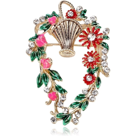 Rhinestone Christmas Wreath Brooch Pin for Women Gold-Toned Fashion Crystal Red Green Flower Basket Brooches Lapel Pins Trendy Suit Collar Dress Accessories Xmas Jewelry for Winter Holiday