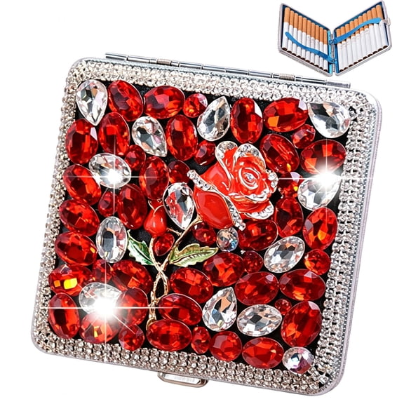 Rhinestone-embellished metal cigarette case (holds 20 cigarettes); portable flip-top case; crush-resistant and waterproof; ideal gift for women for parties or weddings.