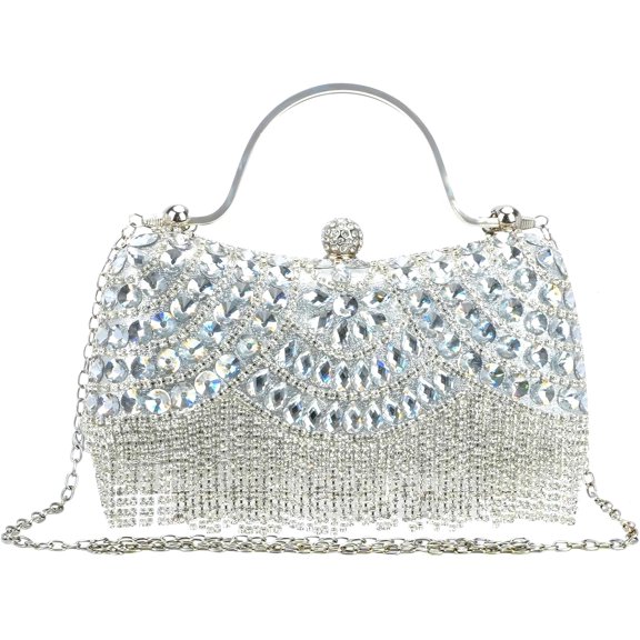 Rhinestone Clutch Purses for Women, Sparkly Formal Evening Diamond Handbags with Crystal Tassel Chain, Silver Designer Crossbody Bag for Wedding Cocktail Party Prom