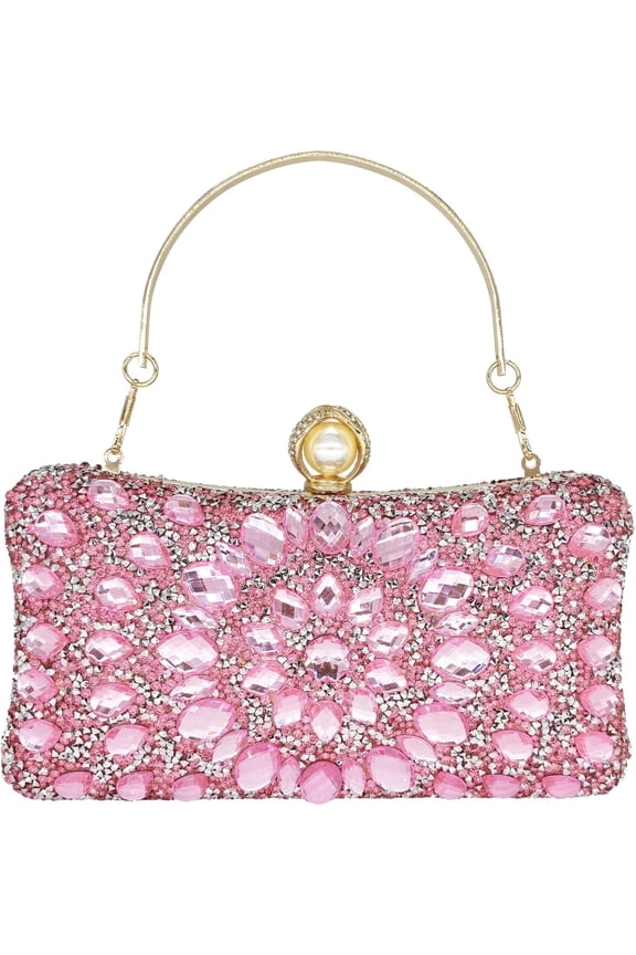 Rhinestone Clutch Purses for Women Evening Wedding Formal - Round Pearl Clasp Handbag - Crystal Diamond Bag