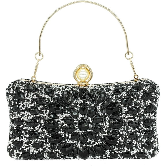 Rhinestone Clutch Purses for Women Evening Wedding Formal - Round Pearl Clasp Handbag - Crystal Diamond Bag
