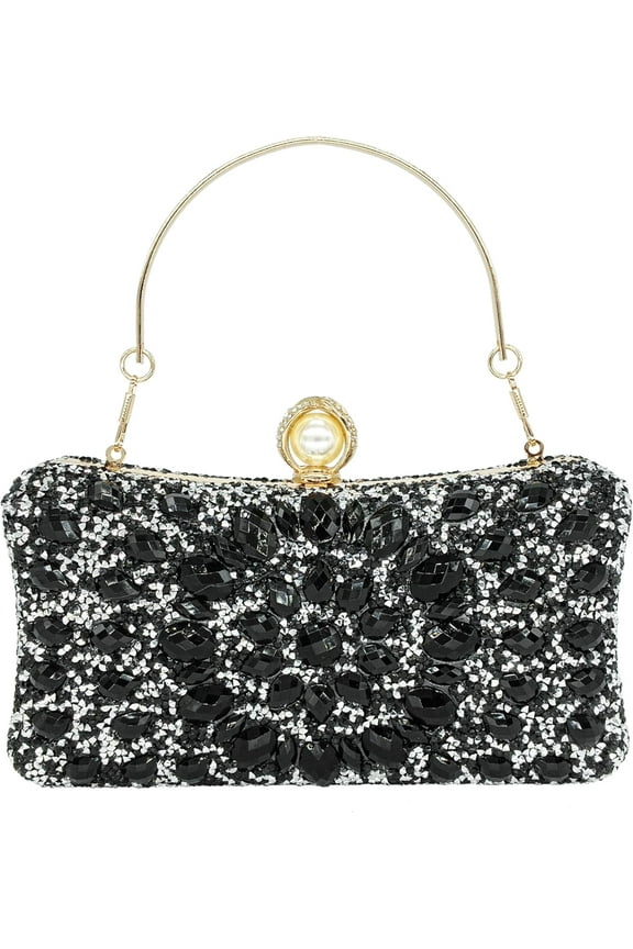 Rhinestone Clutch Purses for Women Evening Wedding Formal - Round Pearl Clasp Handbag - Crystal Diamond Bag